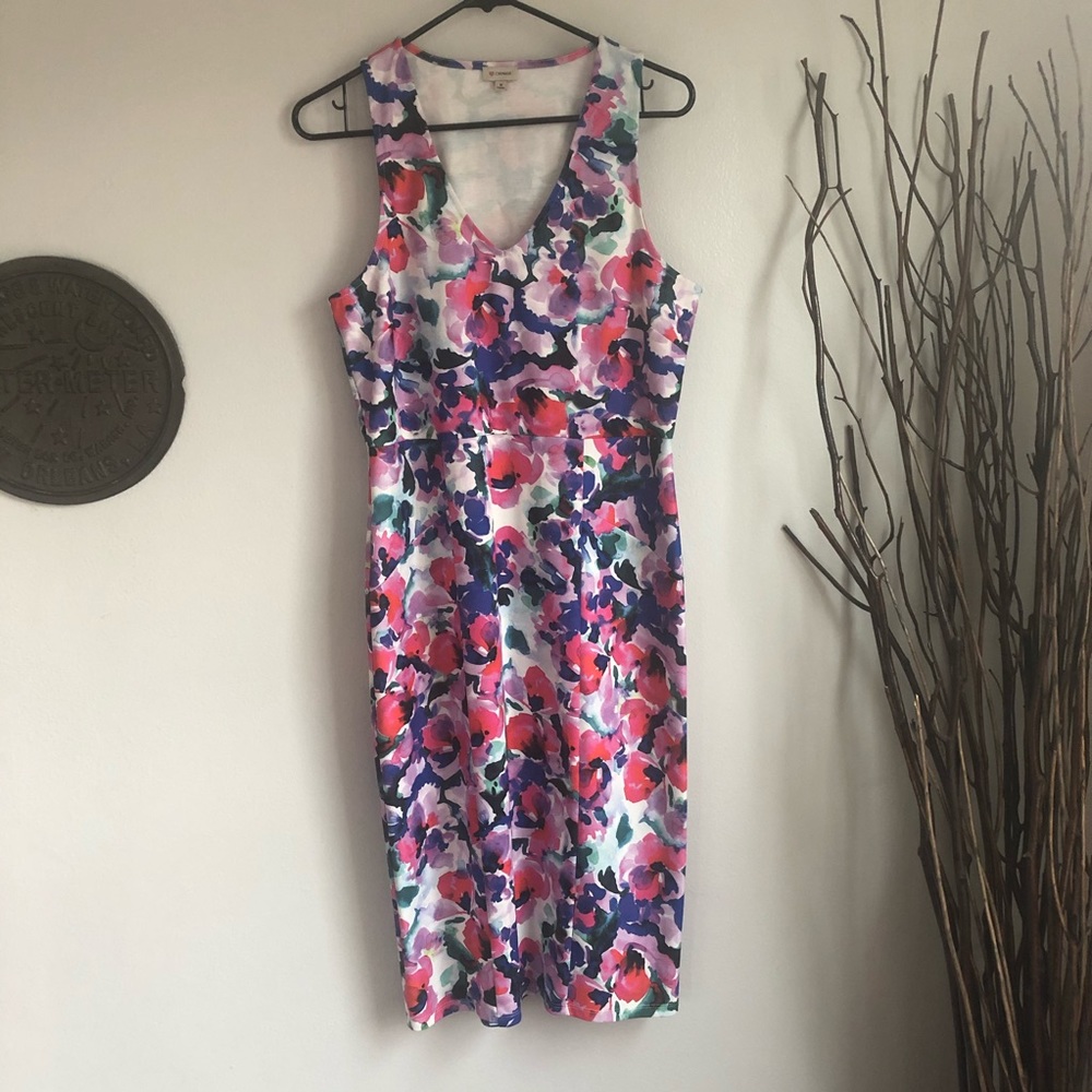 EUC Cremieux watercolor poppy midi dress fitted M